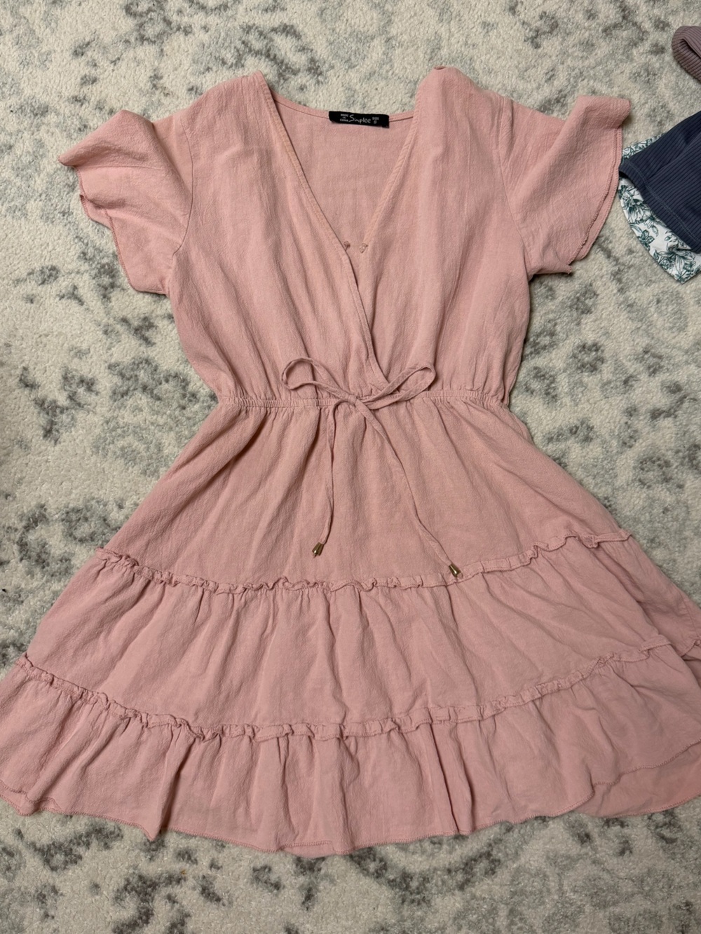 Simple Blush Pink Tiered V-Neck Drawstring Dress